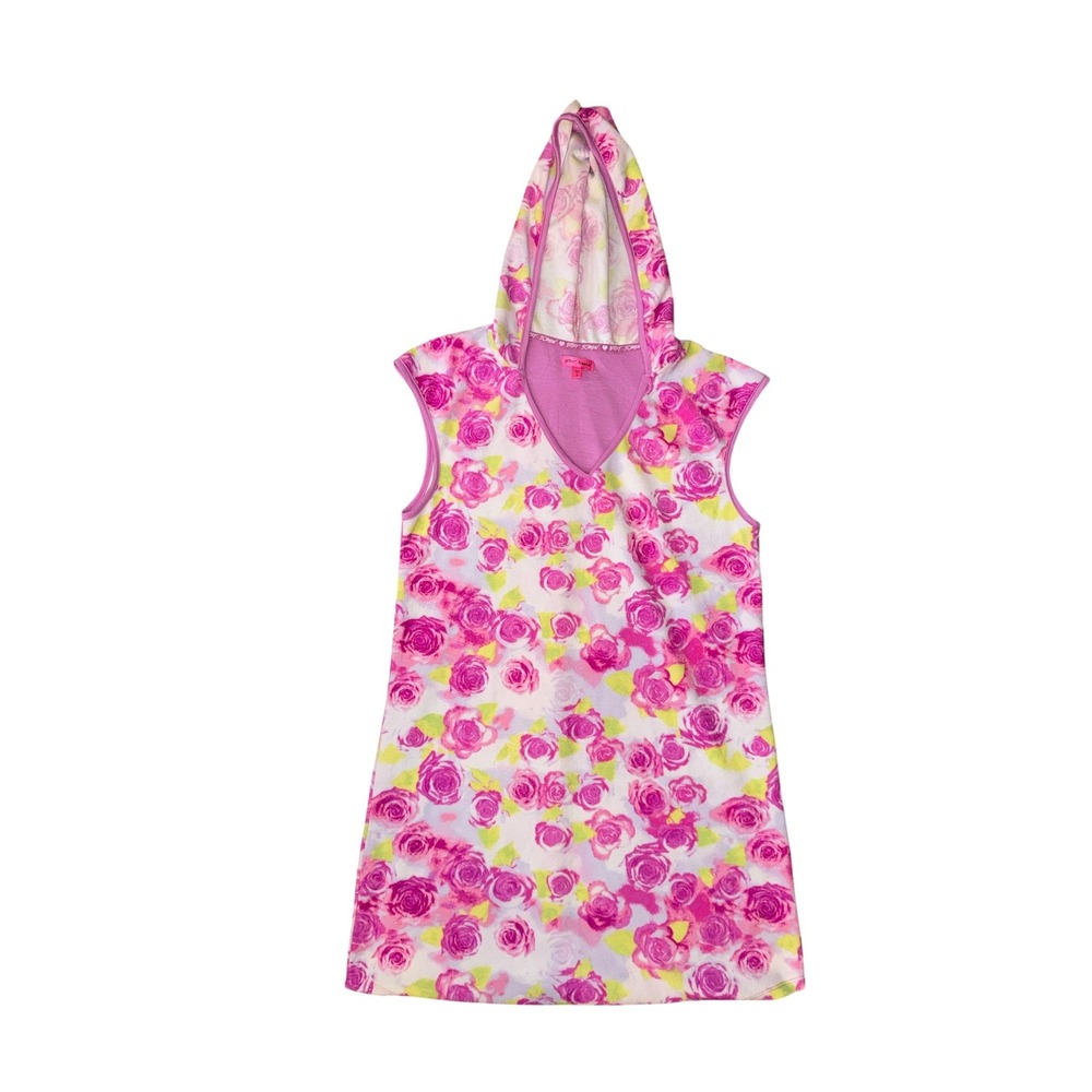 Betsey Johnson Hooded‎ Dress Womens S Pink Rose Floral Sleeveless Coverup